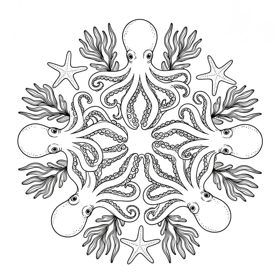 Coloriage Mandala: Cinq poulpes Mandalas