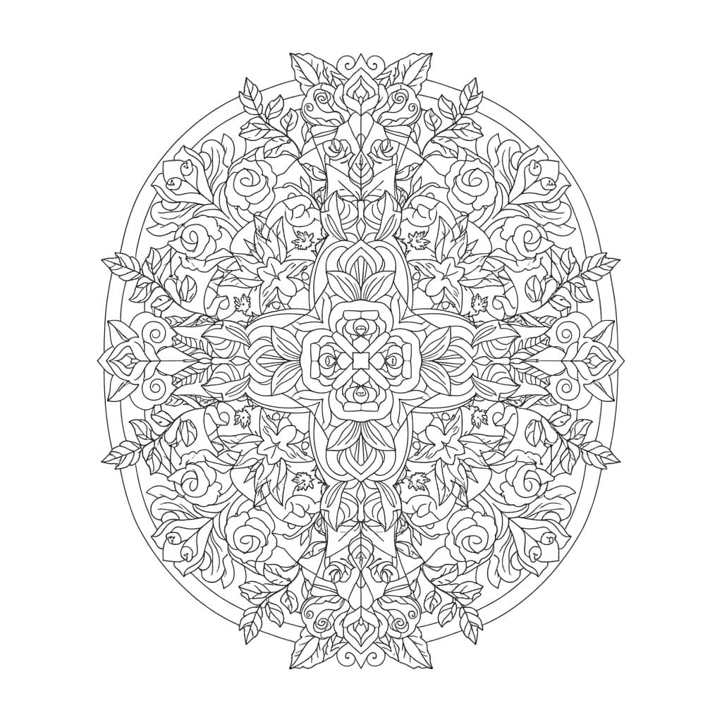 Coloriage Mandala: Croisement avec des fleurs et des feuilles Mandalas