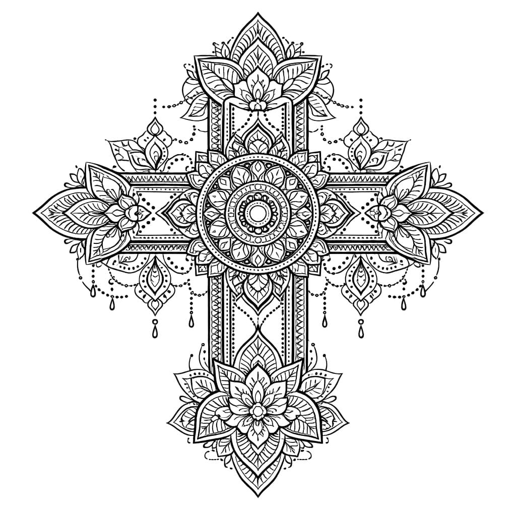 Coloriage Mandala: Croix aux formes ornementales Mandalas