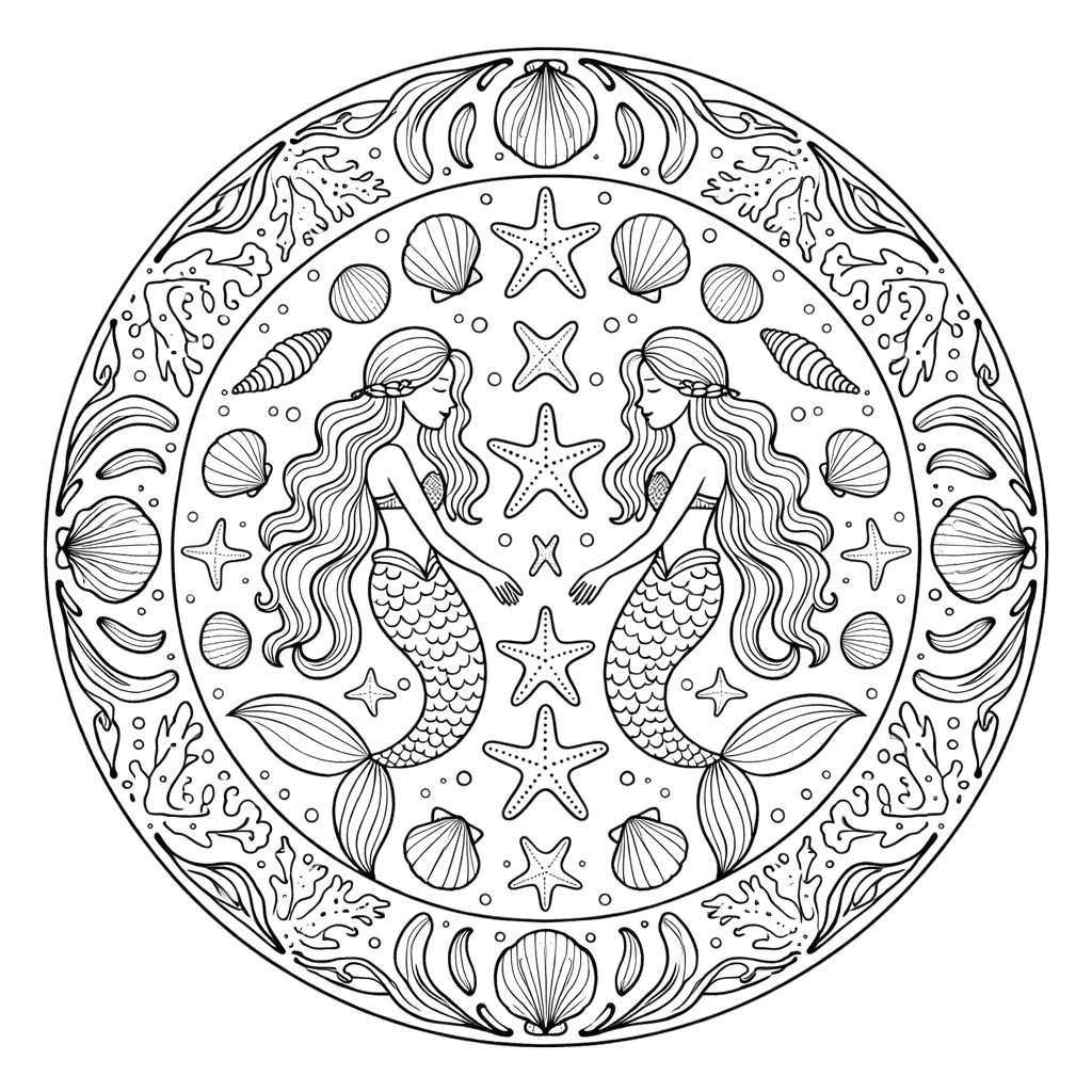 Coloriage Mandala: Deux Sirènes Mandalas