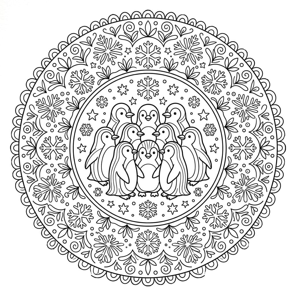 Coloriage Mandala: Famille de pingouins Mandalas