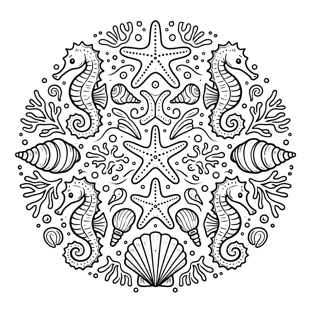 Coloriage Mandala: Hippocampes aux éléments symétriques Mandalas