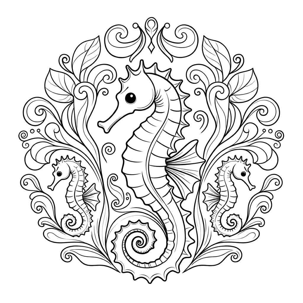 Coloriage Mandala: Hippocampes et algues Mandalas