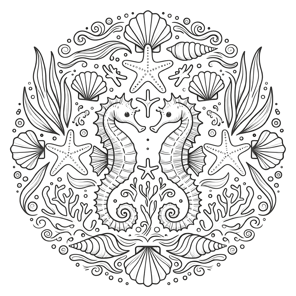 Coloriage Mandala: Hippocampes et animaux marins Mandalas