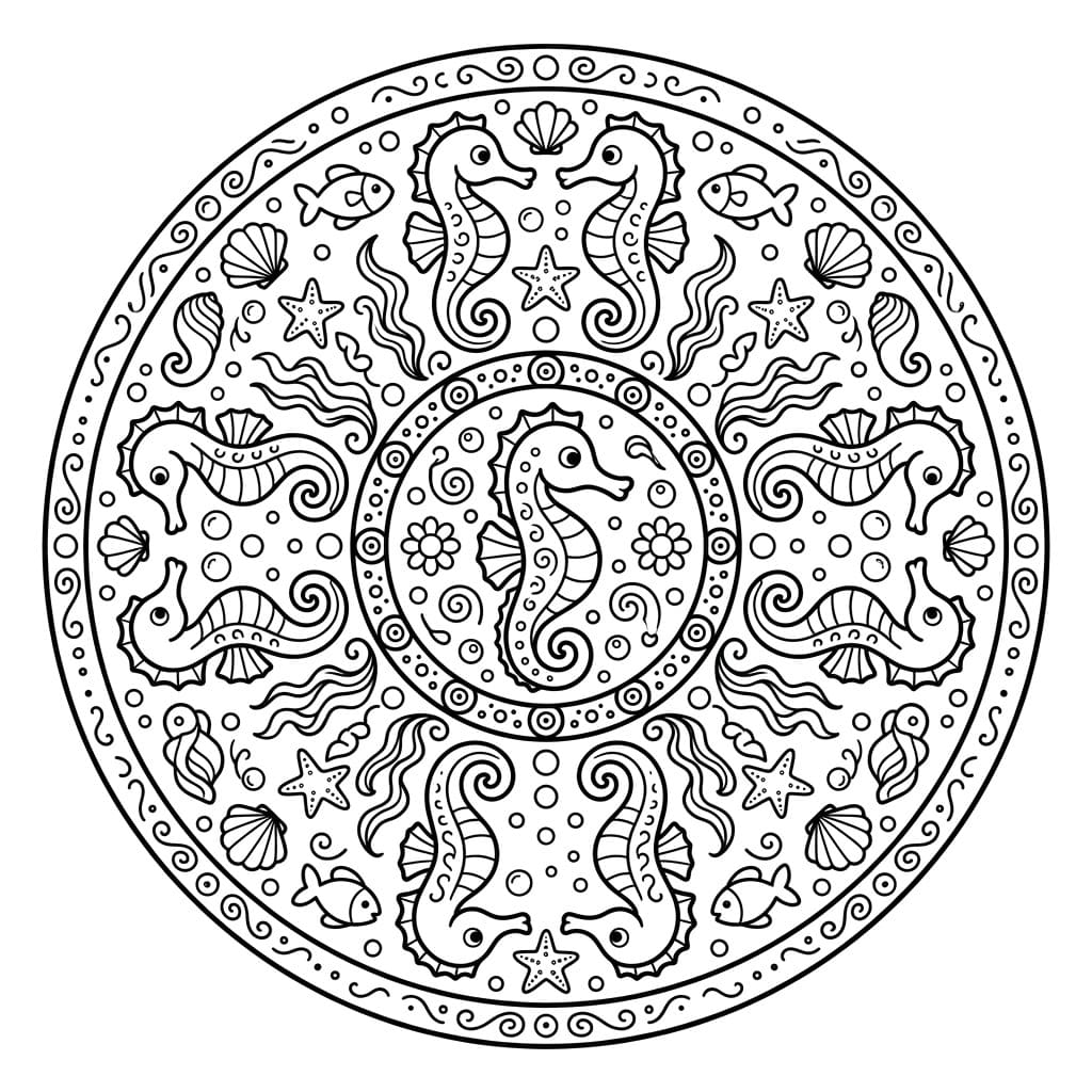 Coloriage Mandala: Hippocampes et éléments marins Mandalas