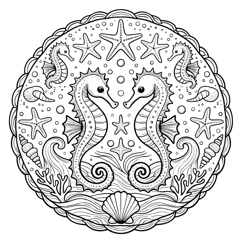 Coloriage Mandala: Hippocampes et éléments océaniques Mandalas