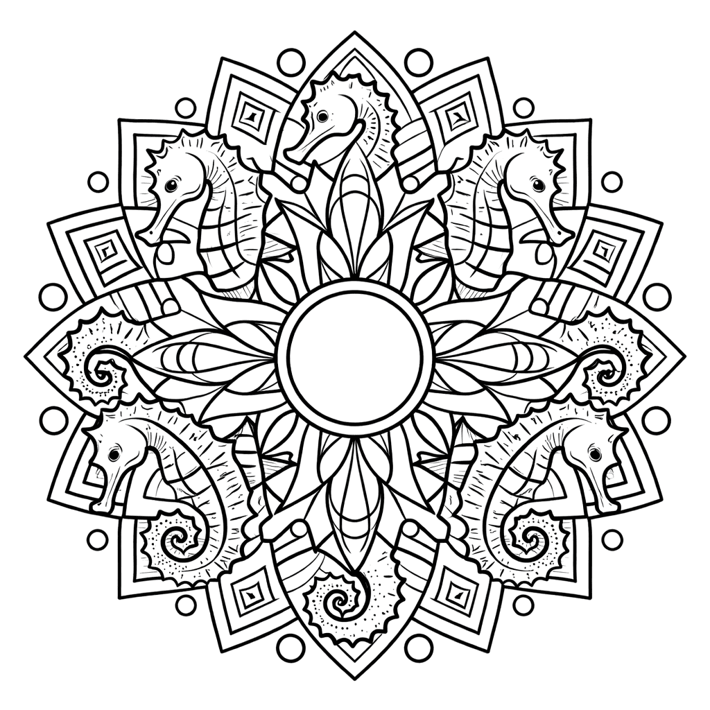 Coloriage Mandala: Hippocampes et pétales de fleurs Mandalas