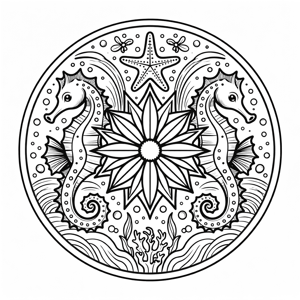 Coloriage Mandala: Hippocampes et scène océanique Mandalas