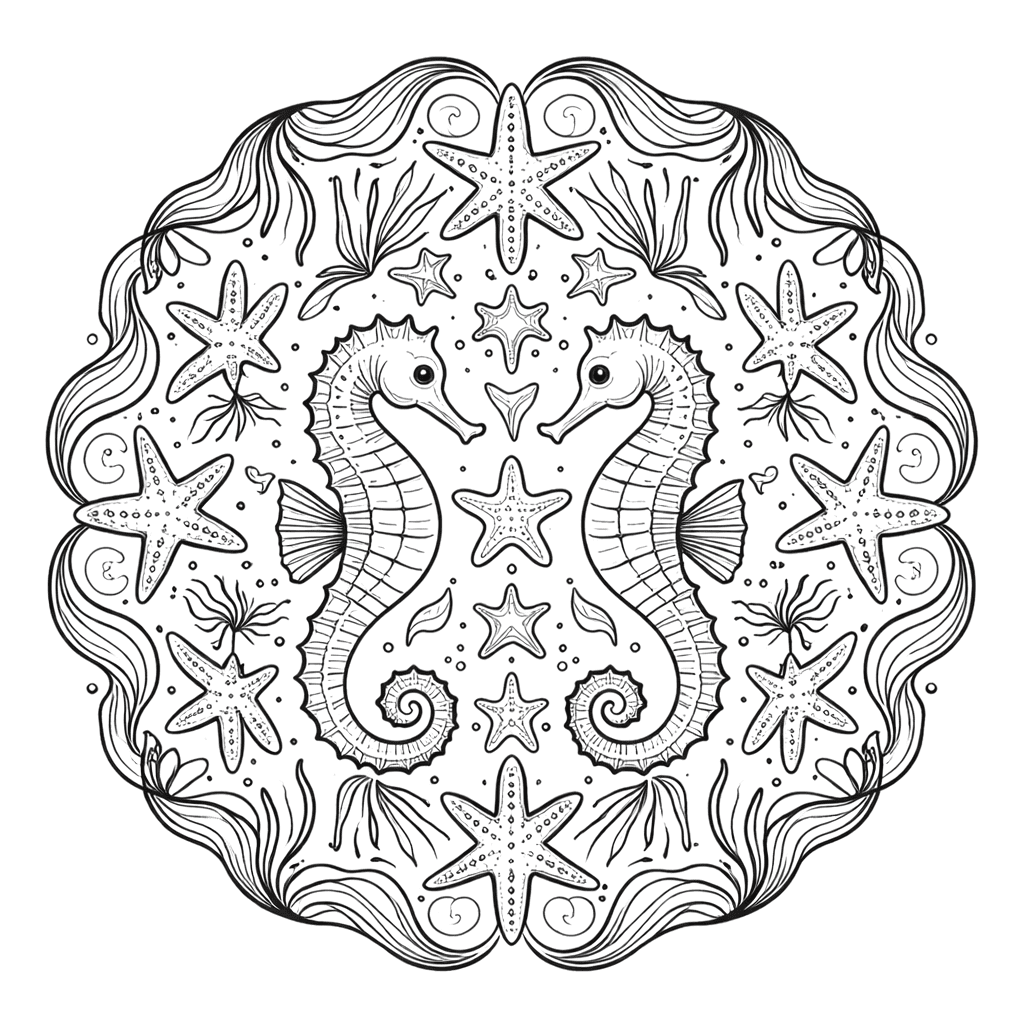 Coloriage Mandala: Hippocampes et étoiles de mer Mandalas