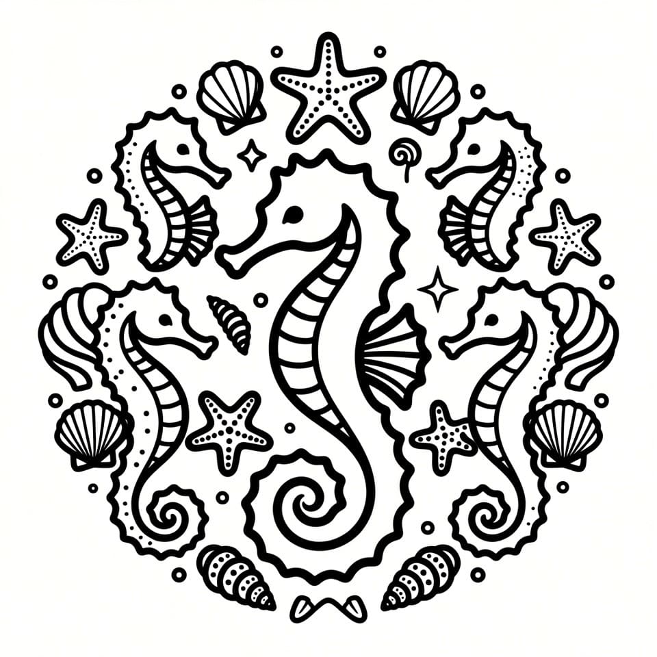 Coloriage Mandala: Hippocampes facile pour enfants Mandalas