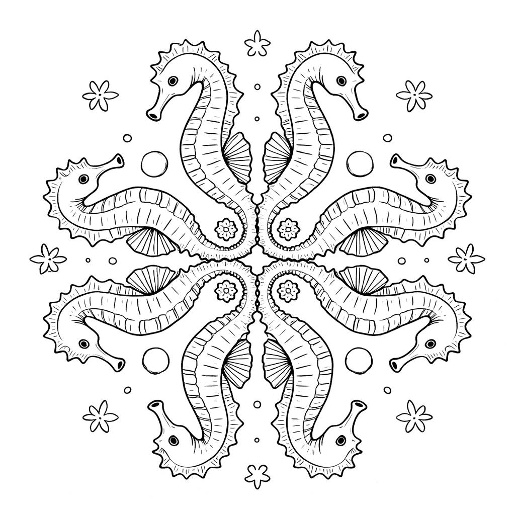 Coloriage Mandala: Hippocampes facile Mandalas