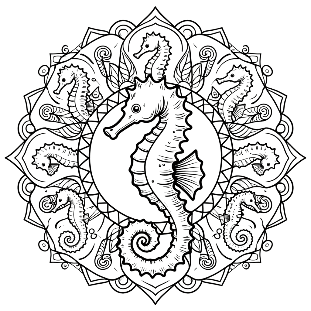 Coloriage Mandala: Hippocampes pour adultes Mandalas