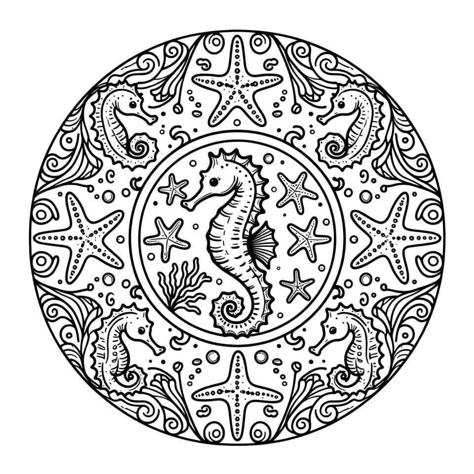 Coloriage Mandala: Hippocampes sous la mer Mandalas