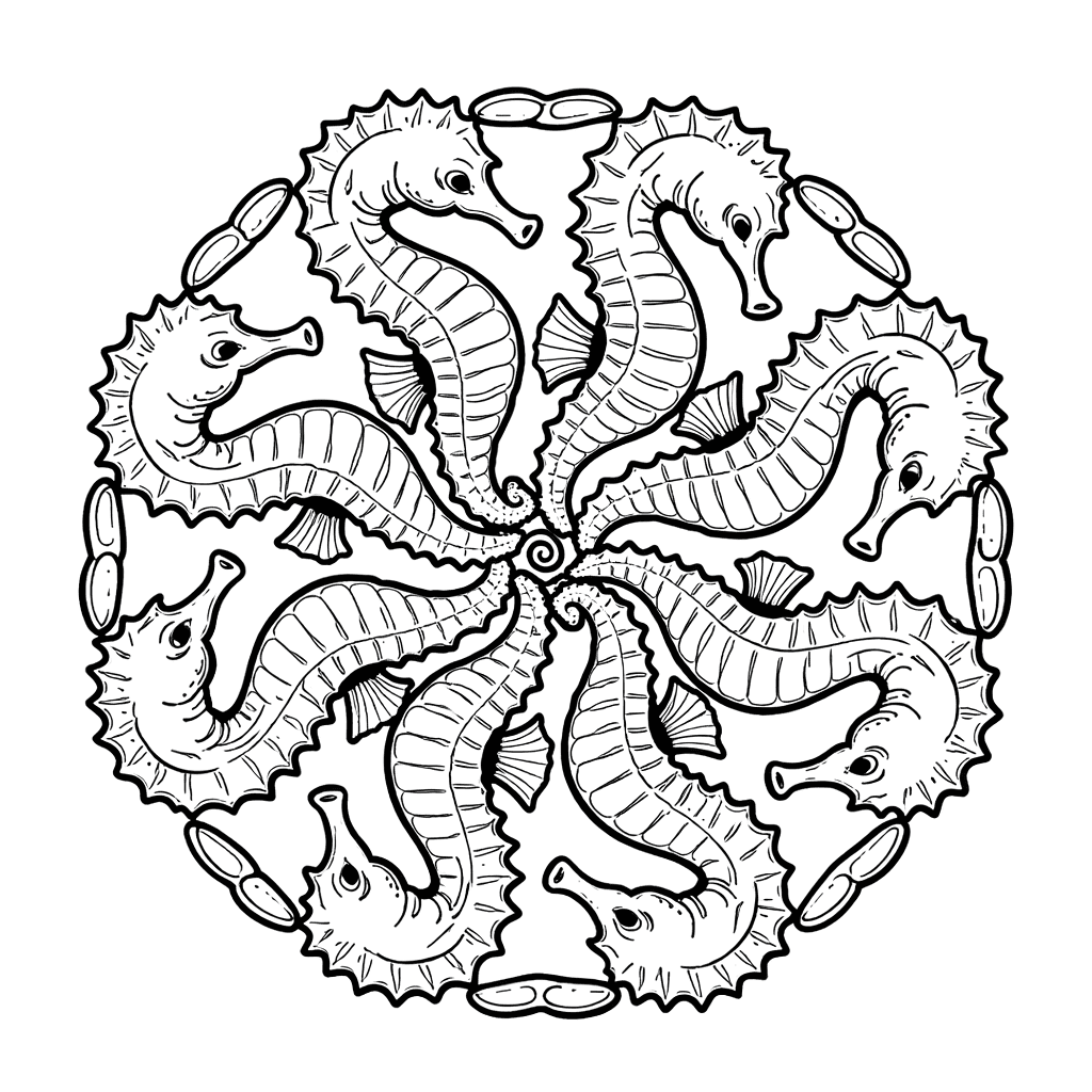 Coloriage Mandala: Hippocampes symétriques Mandalas