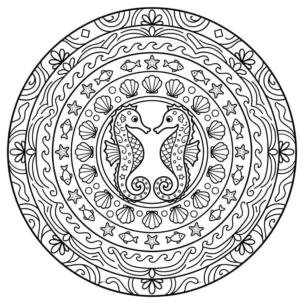 Coloriage Mandala: Hippocampes étonnants Mandalas