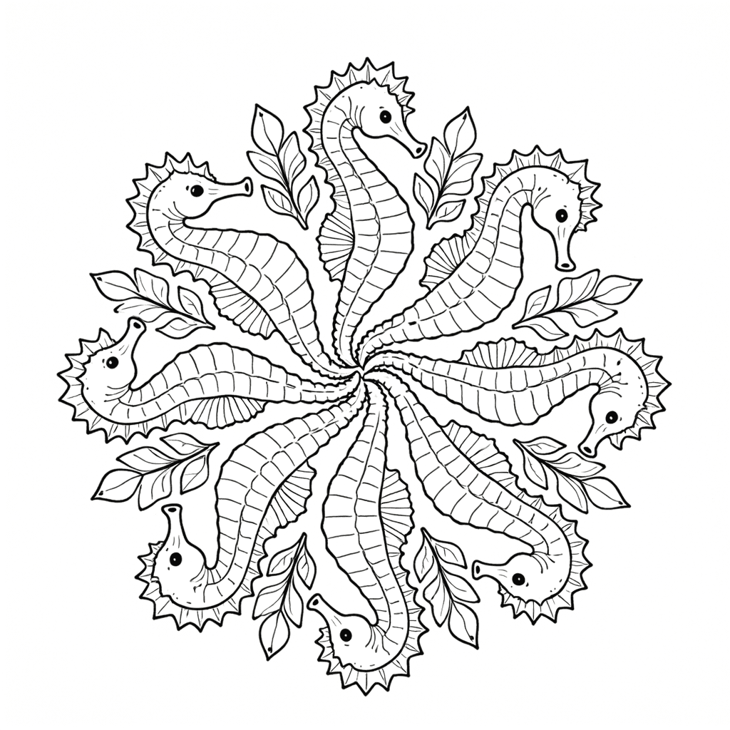 Coloriage Mandala: Magnifiques hippocampes Mandalas
