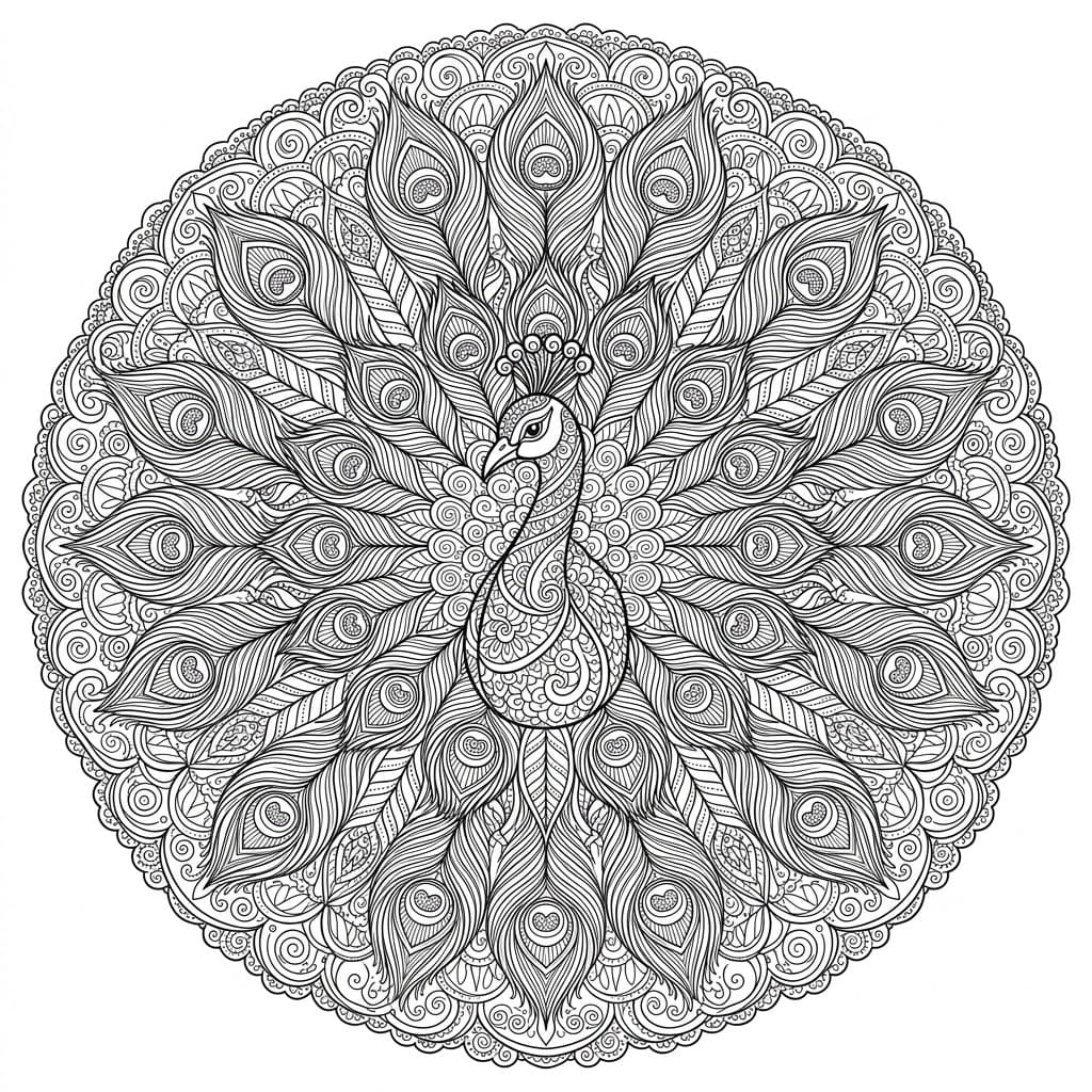 Coloriage Mandala: Paon en style zentangle Mandalas