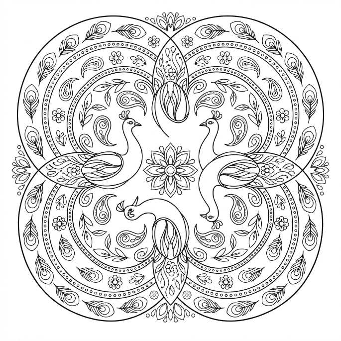 Coloriage Mandala: Paons à longues queues flottantes Mandalas