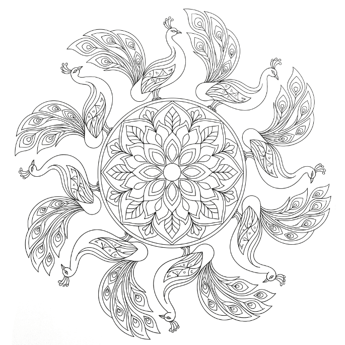 Coloriage Mandala: Paons abstraits Mandalas