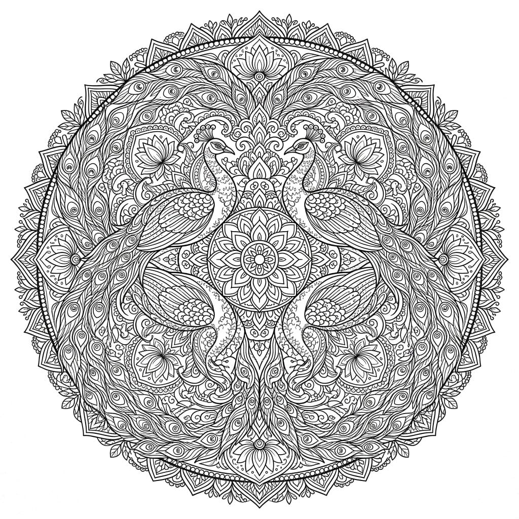 Coloriage Mandala: Paons aux motifs de plumes complexes Mandalas