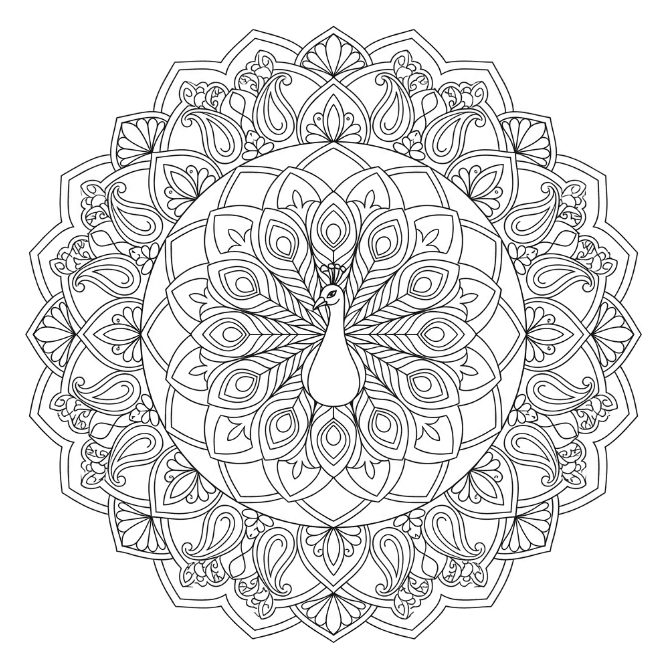 Coloriage Mandala: Paons aux motifs géométriques et floraux Mandalas