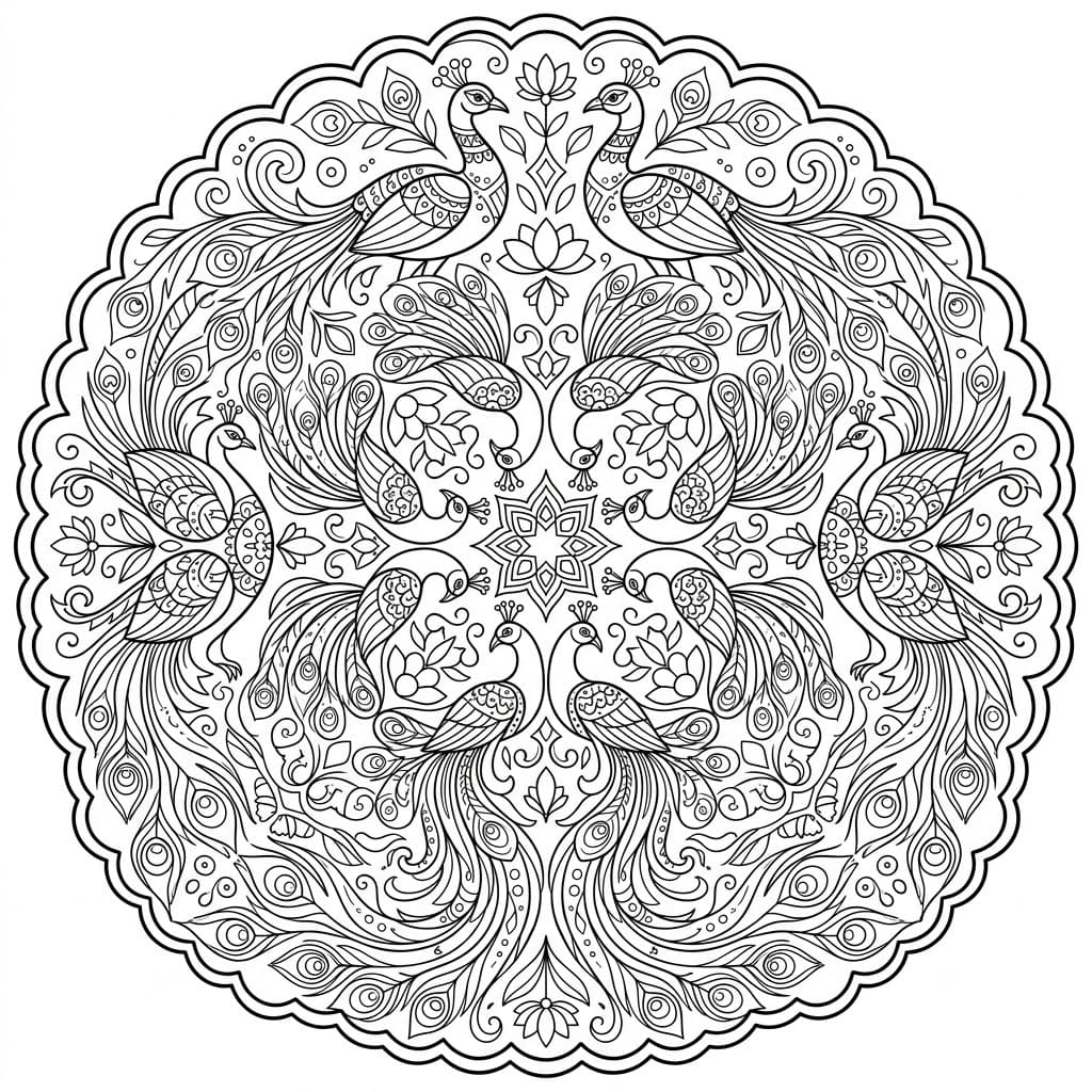 Coloriage Mandala: Paons avec des éléments floraux Mandalas