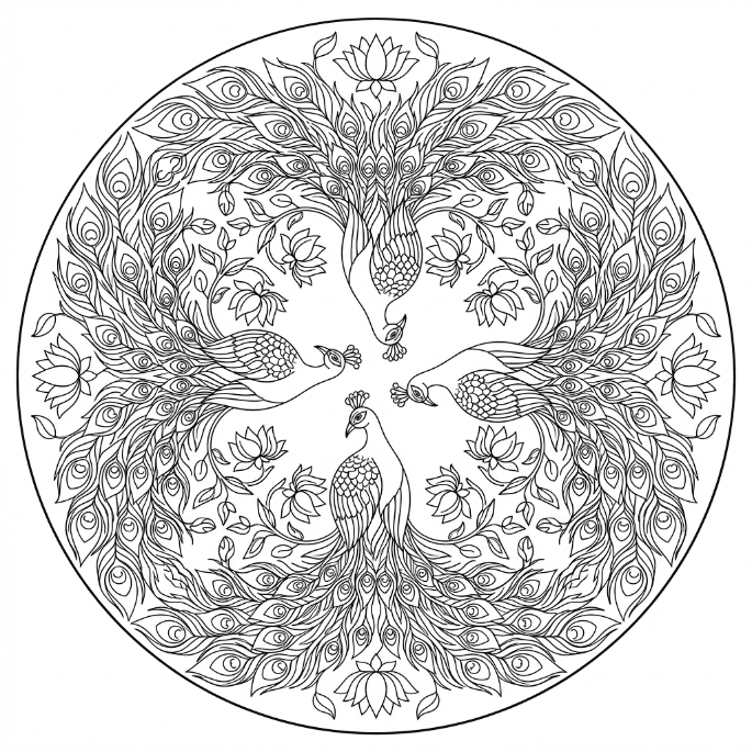 Coloriage Mandala: Paons avec lotus Mandalas