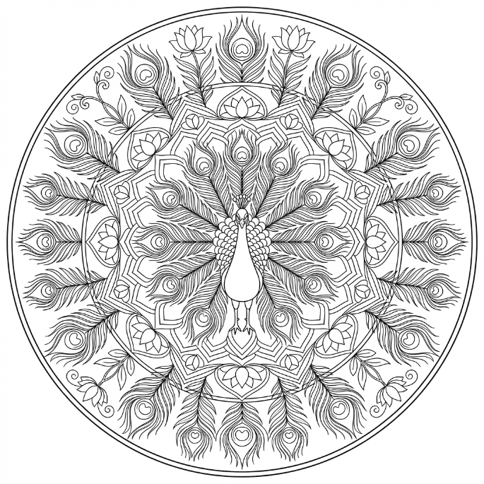 Coloriage Mandala: Paons et fleurs Mandalas
