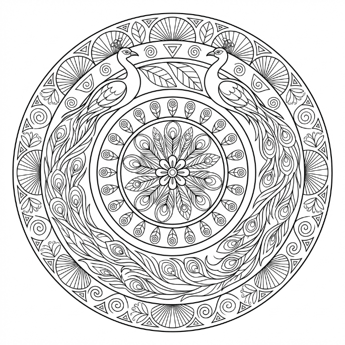 Coloriage Mandala: Paons parfaits Mandalas