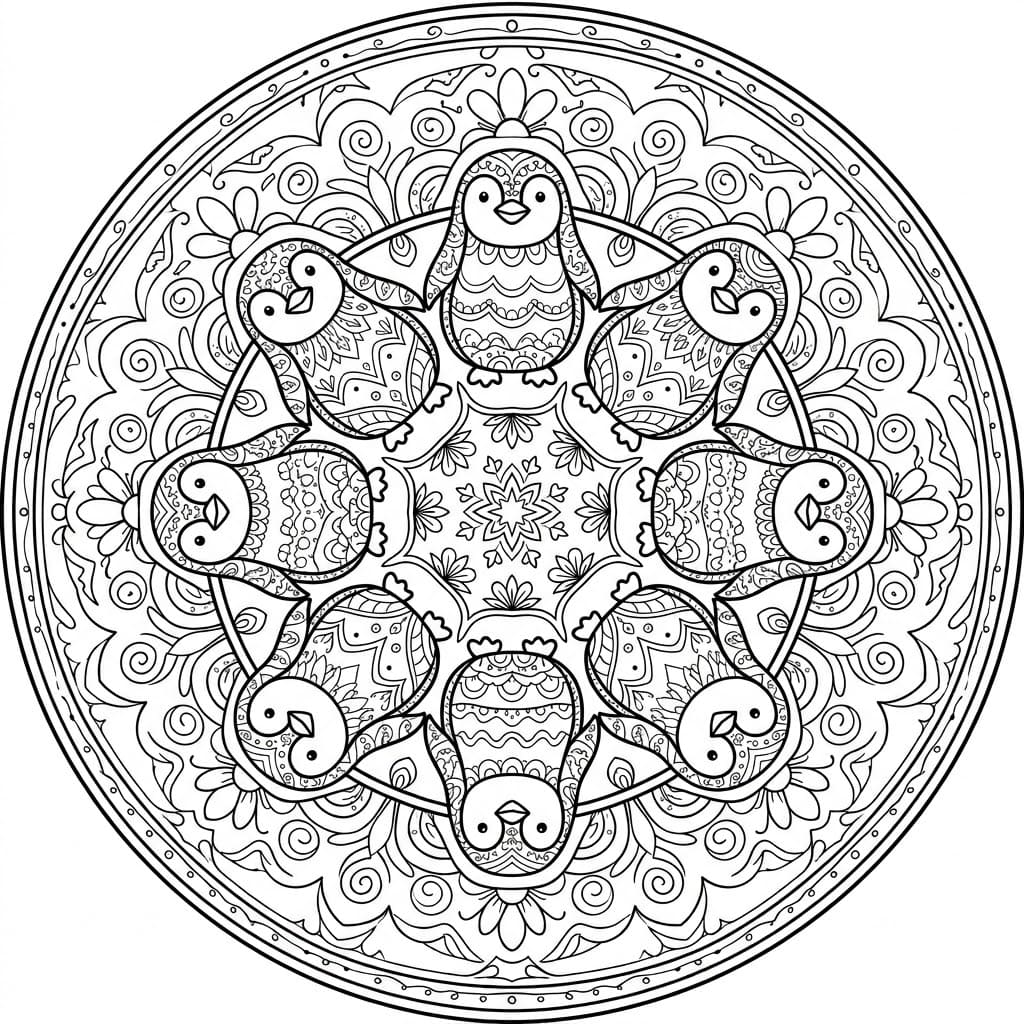 Coloriage Mandala: Petits pingouins Mandalas
