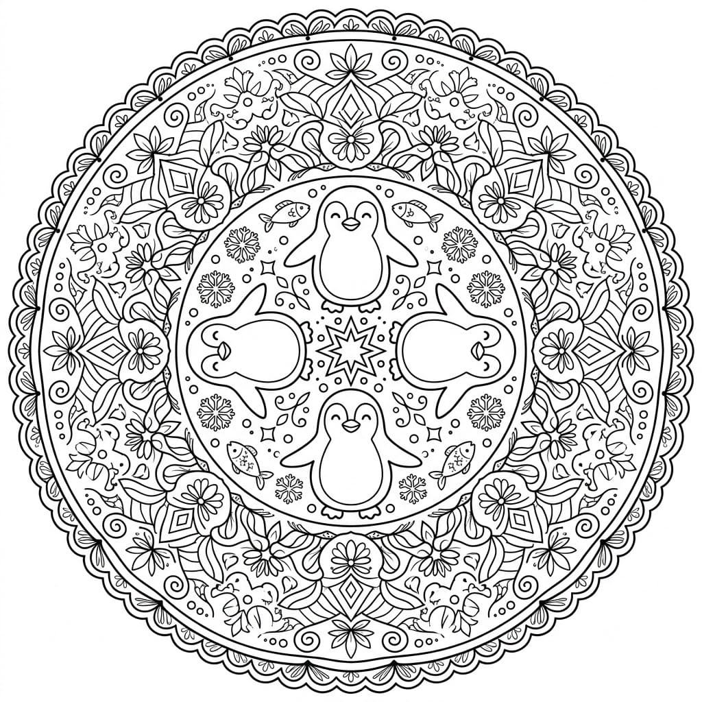 Coloriage Mandala: Pingouins à motifs floraux Mandalas
