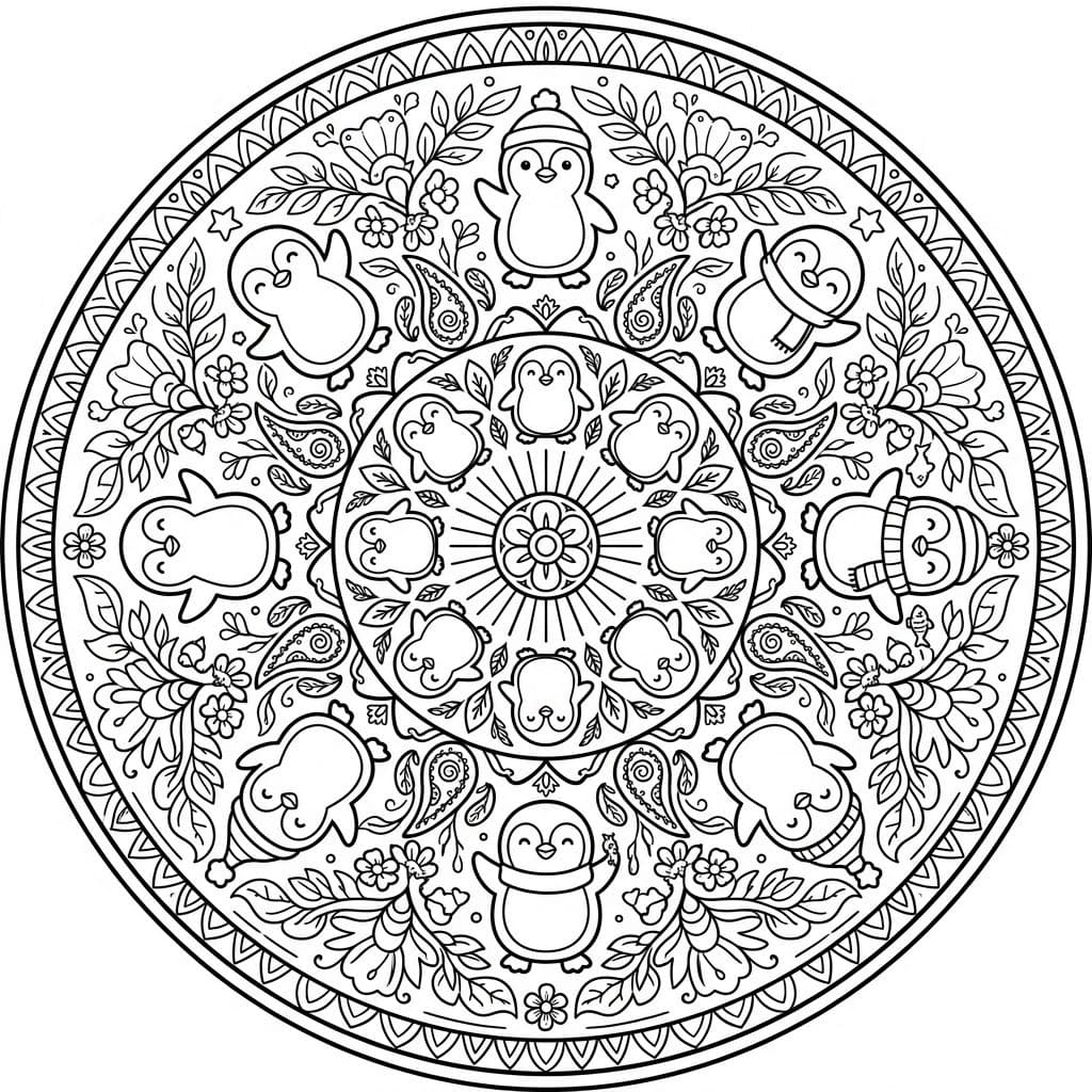 Coloriage Mandala: Pingouins avec des éléments floraux Mandalas