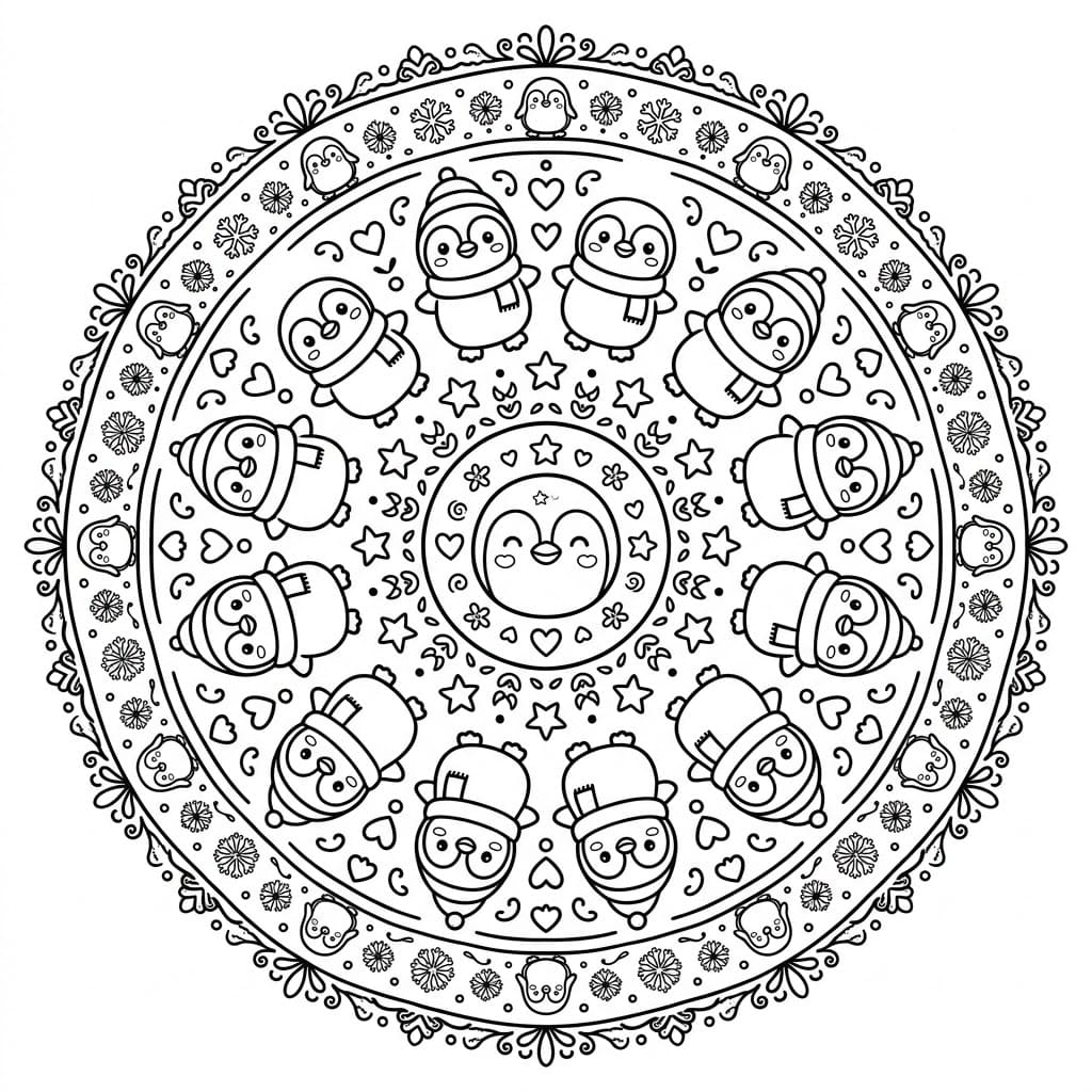 Coloriage Mandala: Pingouins avec étoiles et cœurs Mandalas