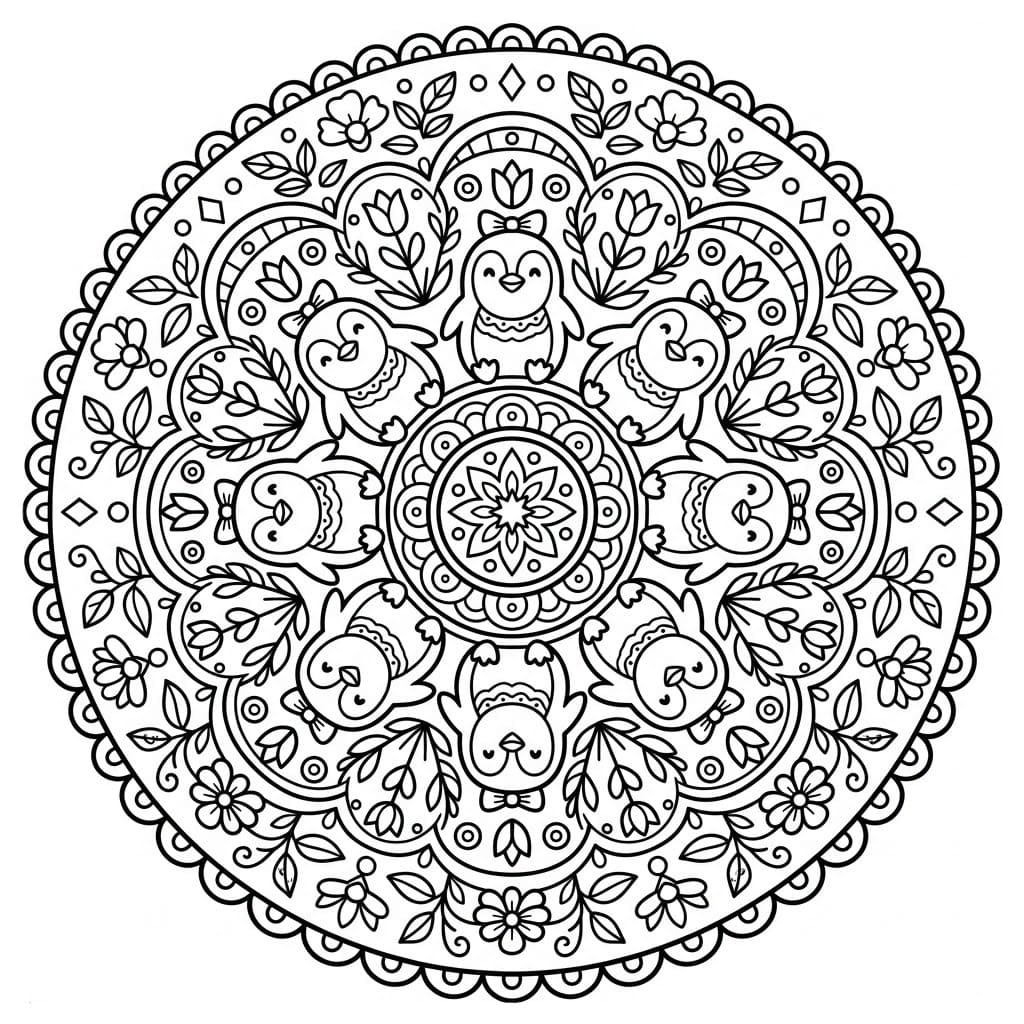 Coloriage Mandala: Pingouins et fleurs Mandalas