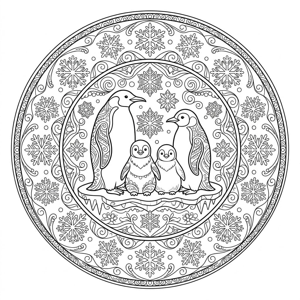 Coloriage Mandala: Pingouins et flocons de neige Mandalas