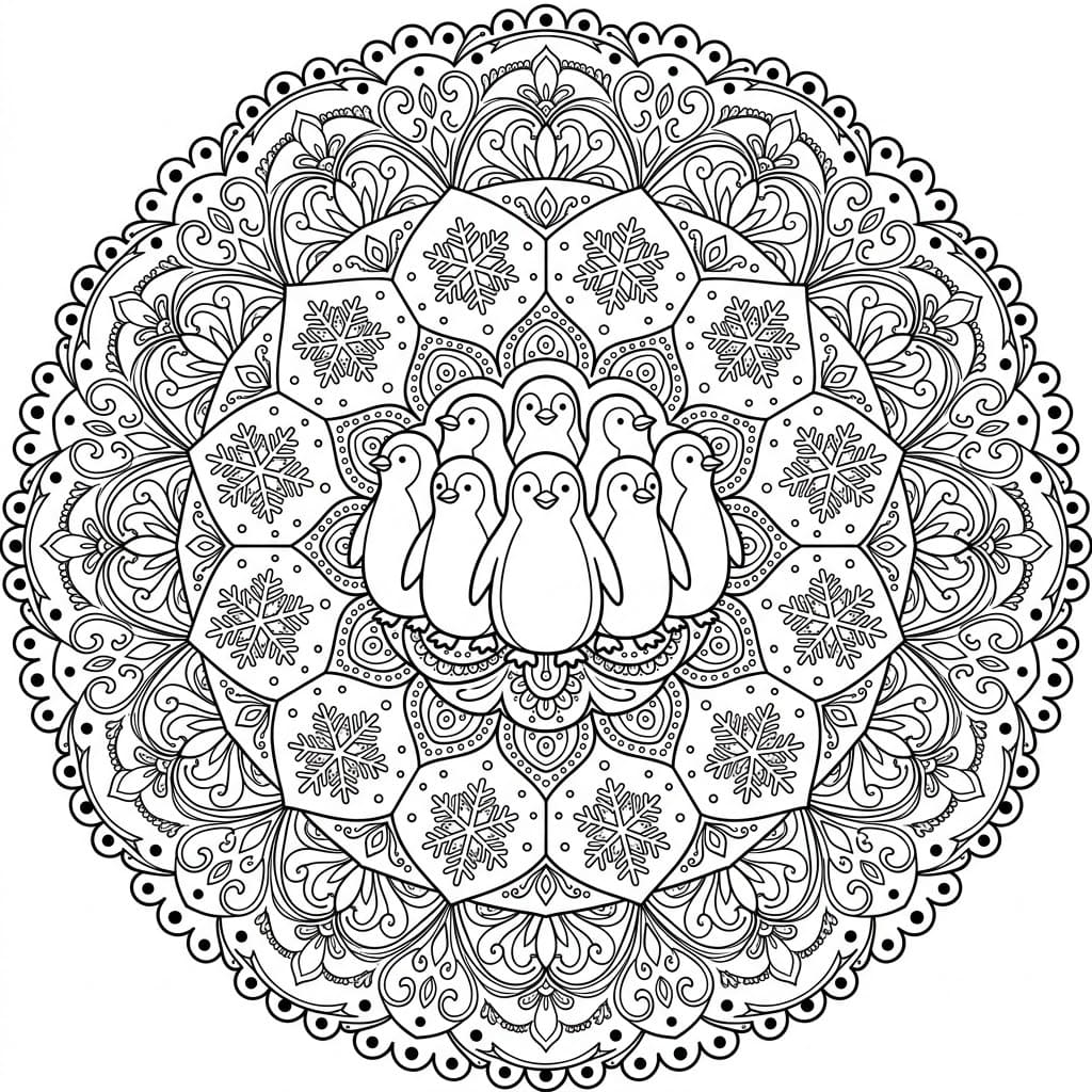 Coloriage Mandala: Pingouins et motifs décoratifs Mandalas
