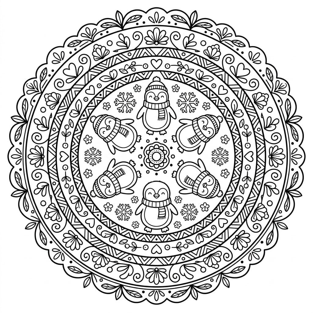 Coloriage Mandala: Pingouins et motifs géométriques Mandalas