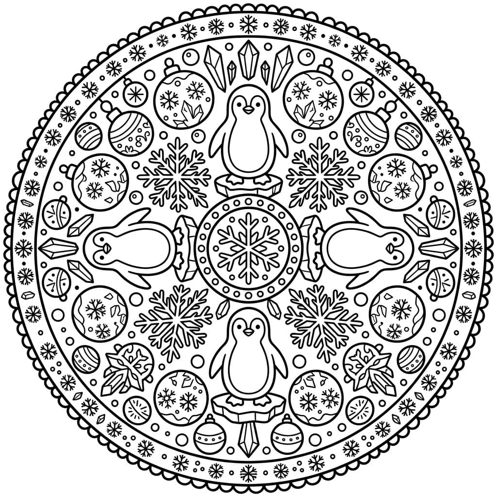 Coloriage Mandala: Pingouins et ornements circulaires Mandalas