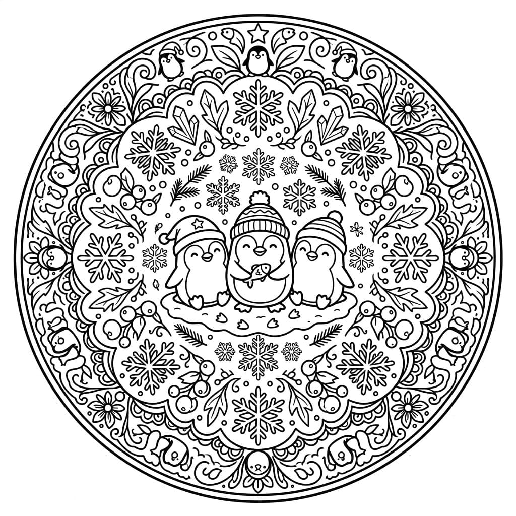 Coloriage Mandala: Pingouins et ornements symétriques Mandalas