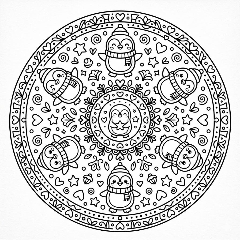 Coloriage Mandala: Pingouins joyeux Mandalas