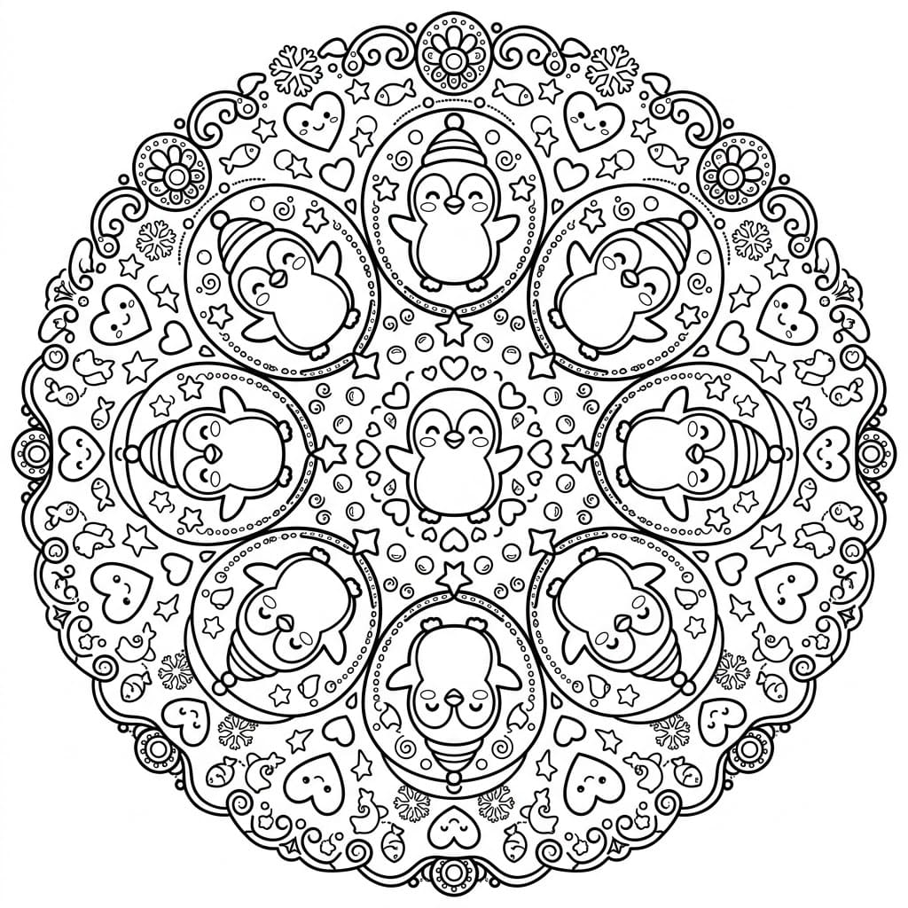 Coloriage Mandala: Pingouins mignons et kawaii Mandalas
