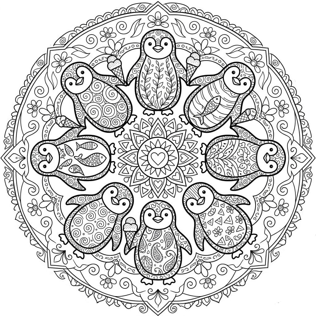Coloriage Mandala: Pingouins pour adults Mandalas