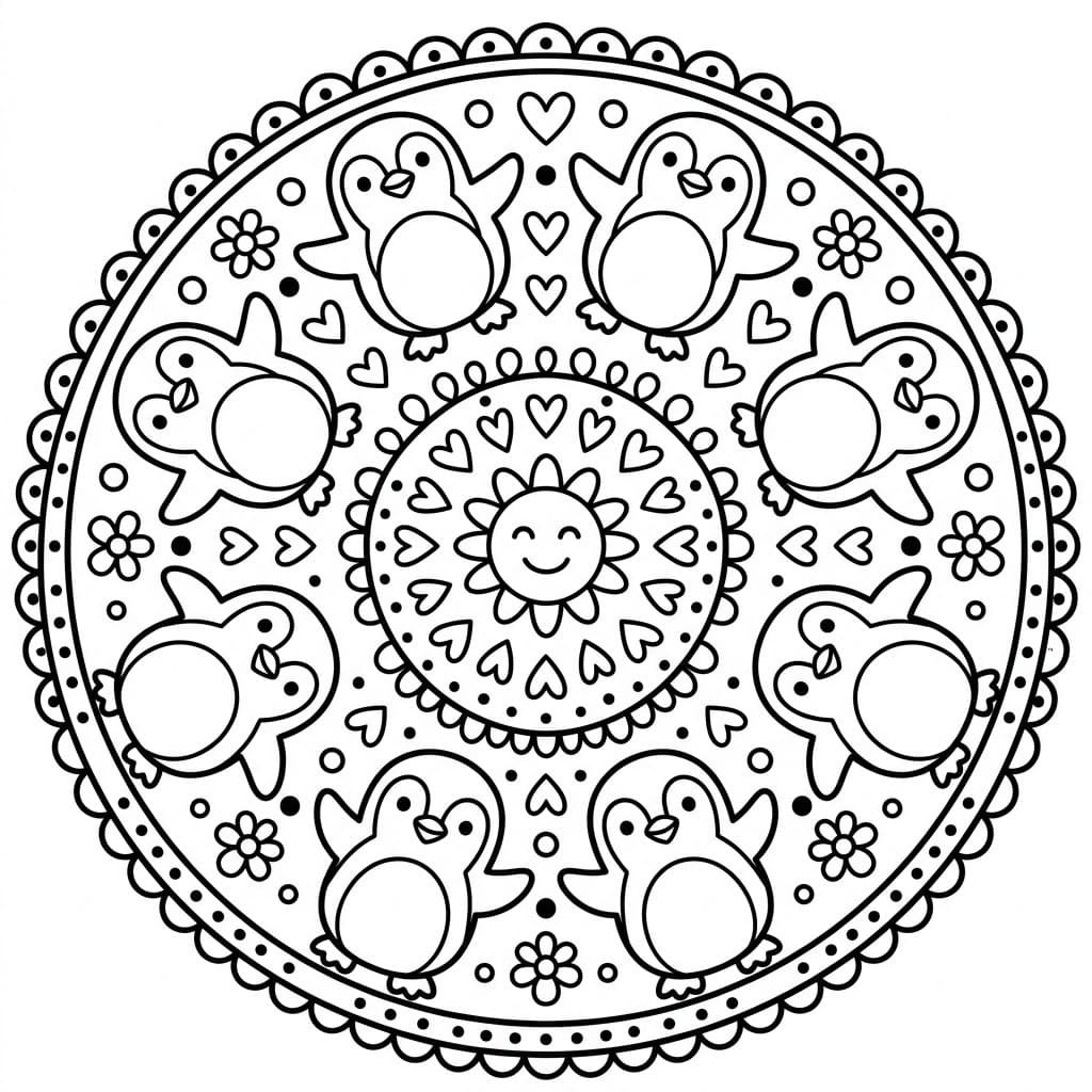 Coloriage Mandala: Pingouins pour enfants Mandalas