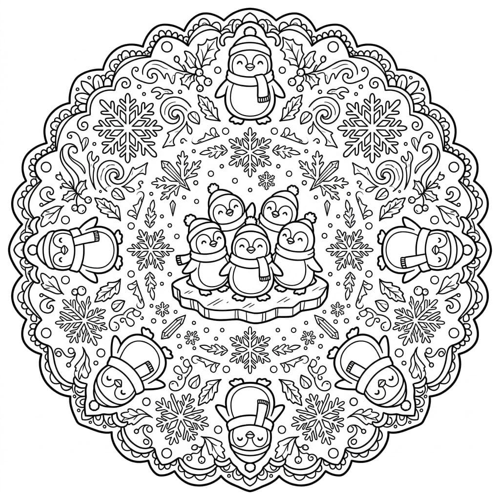 Coloriage Mandala: Pingouins sur le thème de l'hiver Mandalas
