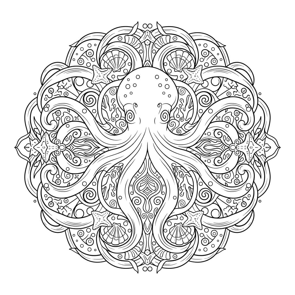 Coloriage Mandala: Poulpe avec des ornements inspirés de l'océan Mandalas