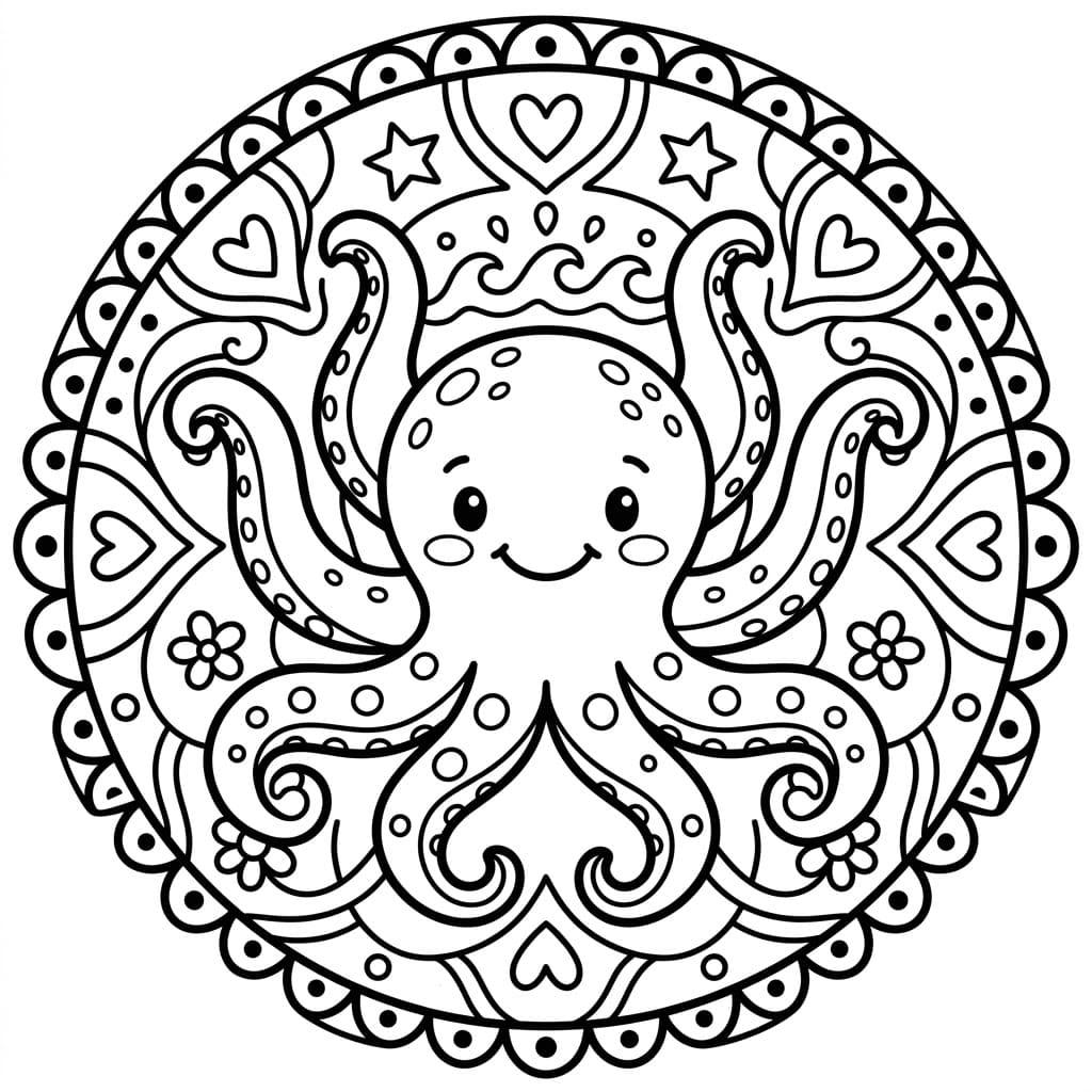Coloriage Mandala: Poulpe de dessin animé souriante Mandalas