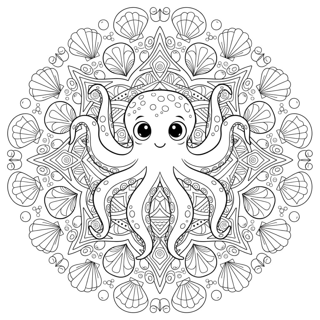Coloriage Mandala: Poulpe et des coquillages Mandalas