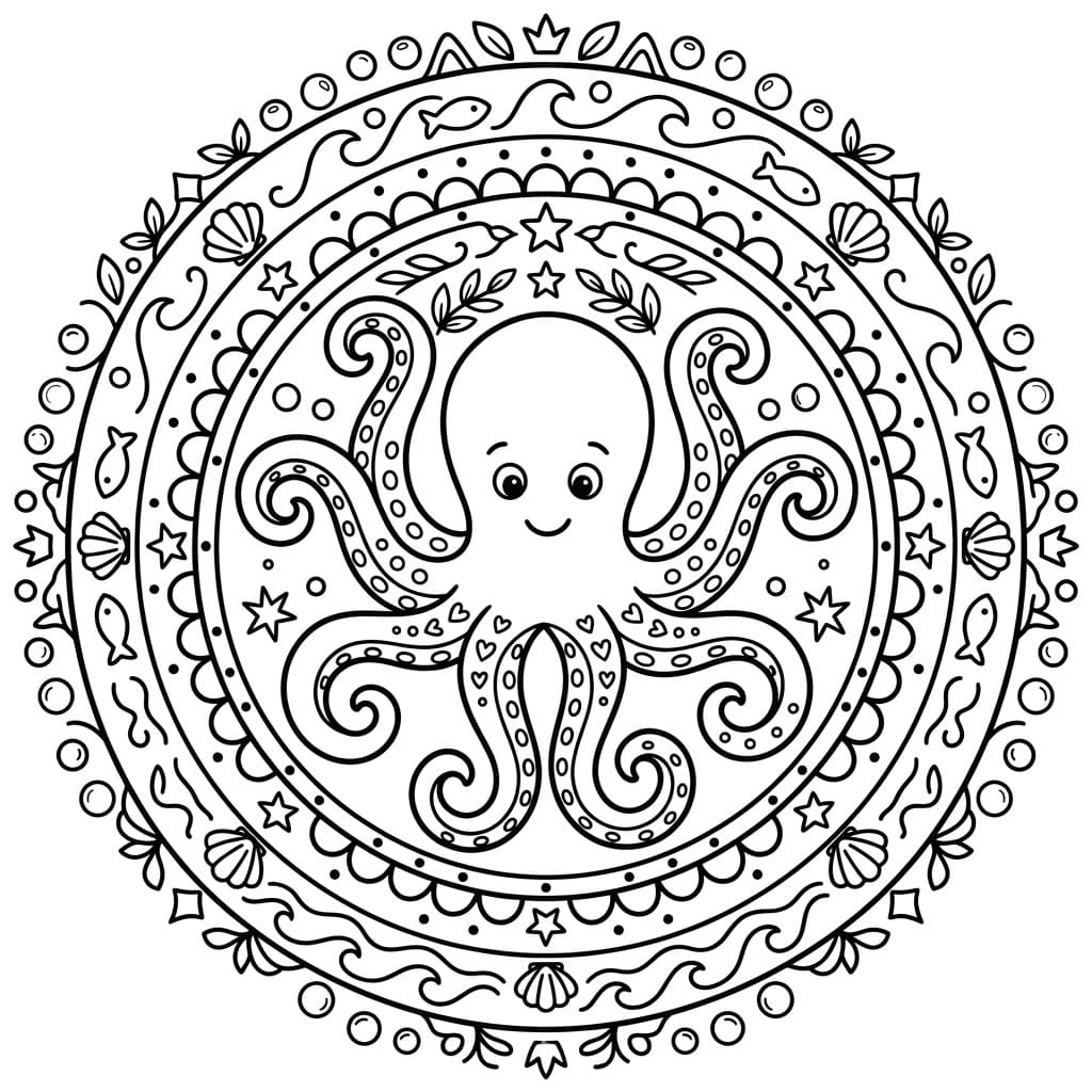 Coloriage Mandala: Poulpe et modèle océanique Mandalas