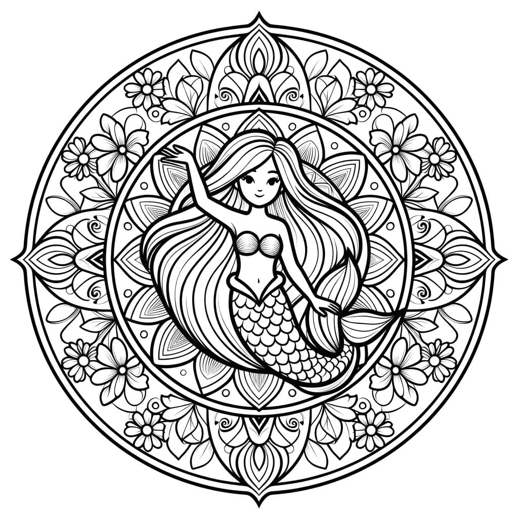 Coloriage Mandala: Sirène aux fleurs Mandalas