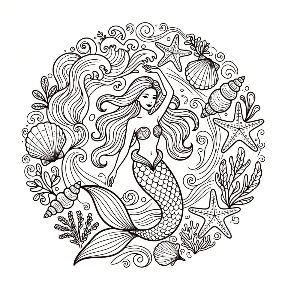 Coloriage Mandala: Sirène charmante Mandalas